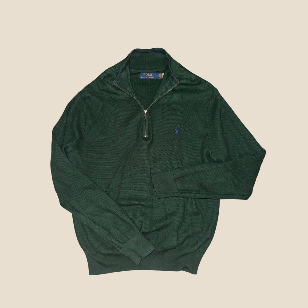 Polo Ralph Lauren Mens Quarter Zip Sweater Green Waffle Knit Pullover Size M